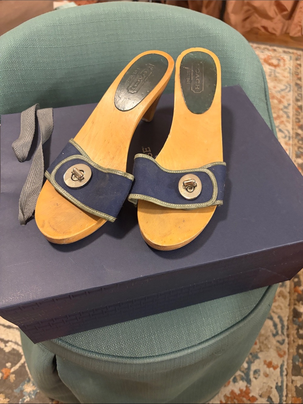 Coach Navy Blue Leather Wood-Soled Slide Mules with Silver Logo